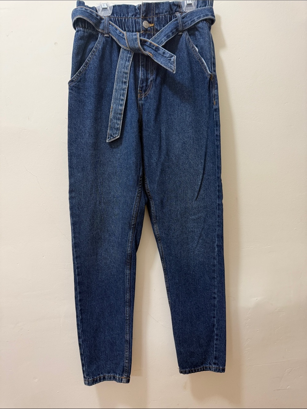 High-Rise Paperbag Straight-Leg Jeans - Dark Blue